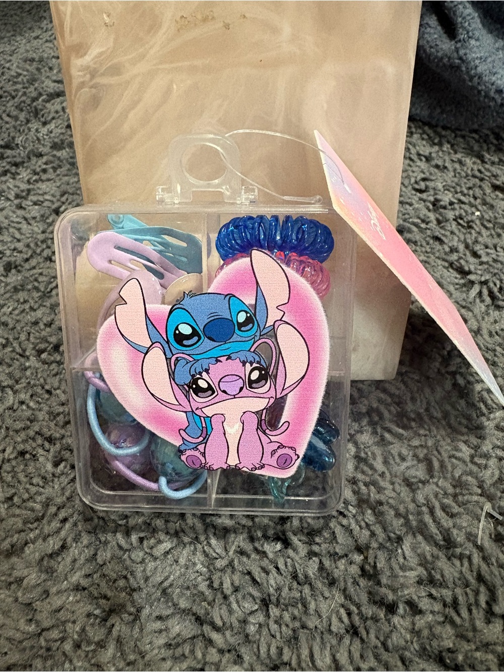 NWT Disney’s Stitch Hair Claw Clips, clips, Beaded End Ties and hair ties box